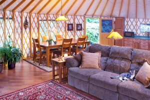Inside living room area in pacific yurt
