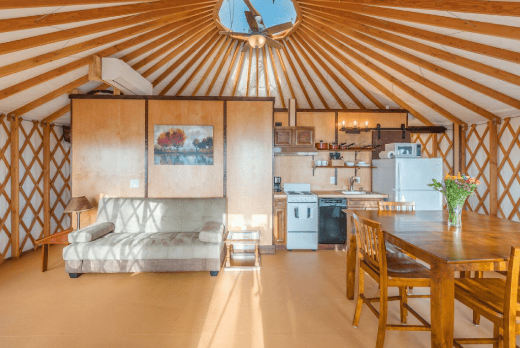 Small kitchen along the wall of a Pacific Yurt.