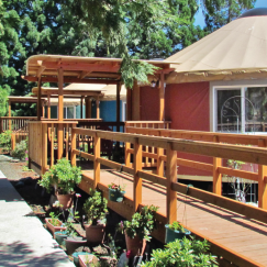 Exterior of yurt in nature park.